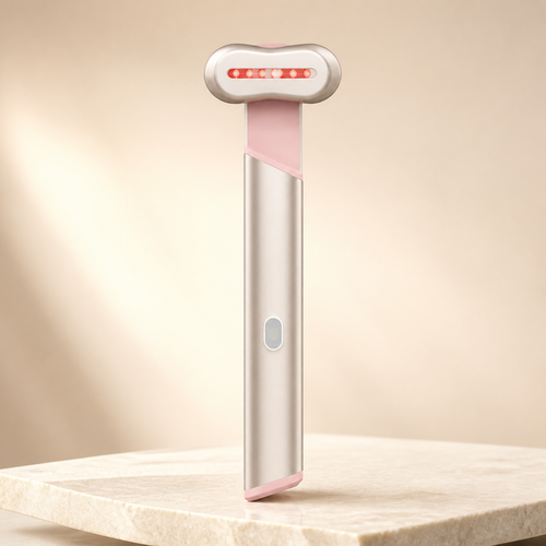Red and blue light eye massager, product shot on stone