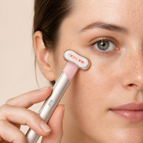 Close-up of the massager warming the under-eye area
