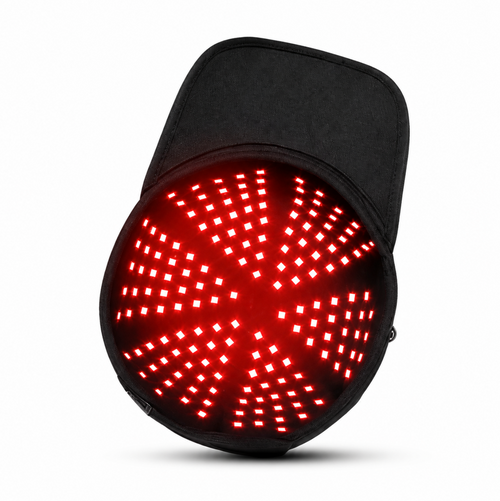 The GLOWMASK Cap seen from below, its red LEDs lit