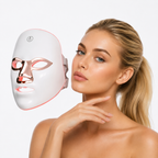 GLOWMASK Red Light Therapy Mask — white and gold LED photon facial device next to a model's face
