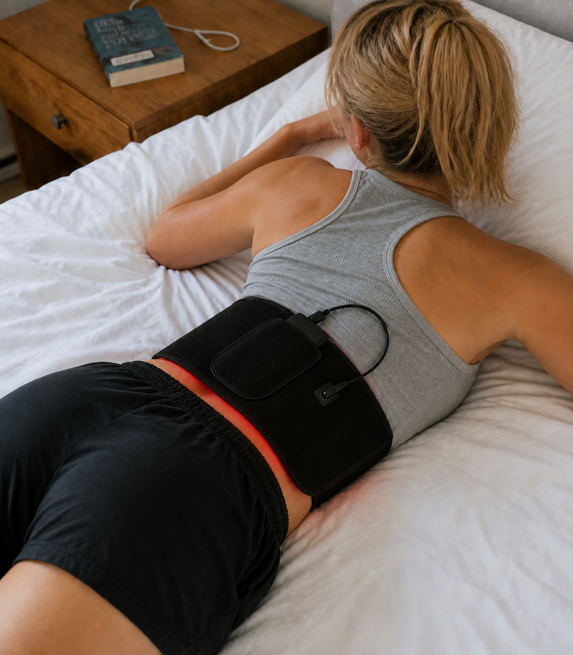 Woman lying on a bed wearing the lit 60-LED belt on her lower back