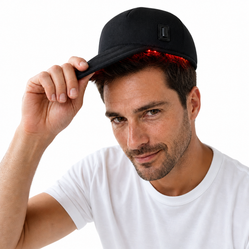 A man wearing the GLOWMASK Cap, red light visible under the brim